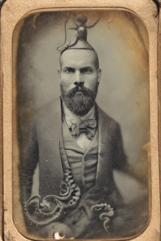 Image similar to a tintype photo portrait of a man with an octopus for a head, highly detailed, 5 0 0 px, sharp focus