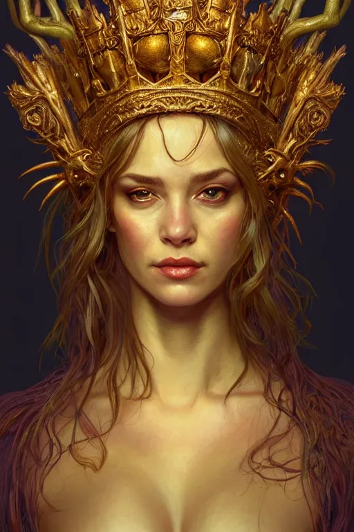 Image similar to Portrait of swamp monster with a golden crown on its head, D&D, face, fantasy, intricate, elegant, highly detailed, digital painting, artstation, concept art, smooth, sharp focus, illustration, art by artgerm and greg rutkowski and alphonse mucha