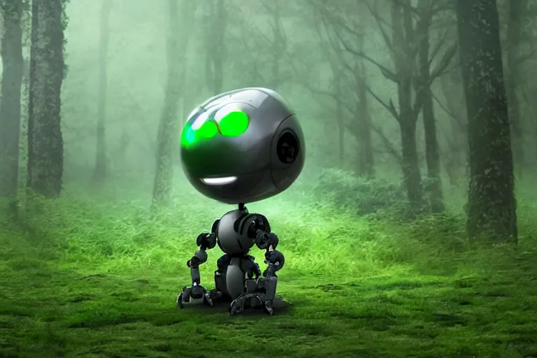 Image similar to A small boy discovers a large mechanical robot with green eyes in the misty forest