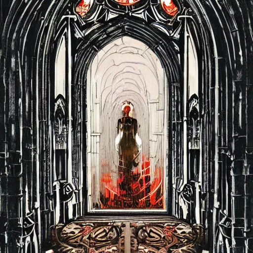 Prompt: doorway to hell in grand gothic cathedral, inner conflict, scarlet hue, tom lovell, painting, influences from mobius, ashley wood. otomo, akira, greg tocchini, mike mignola