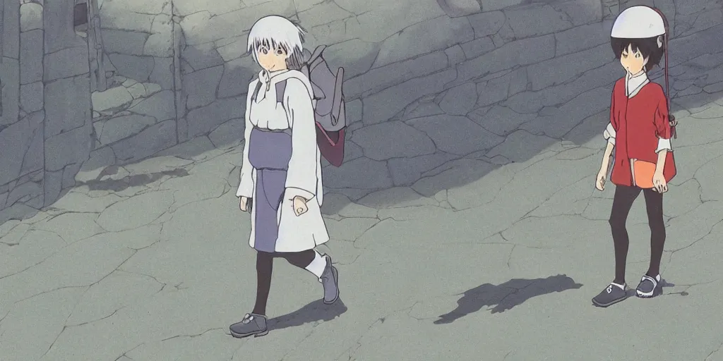 Prompt: A robotic pilgrim with very long legs walking along an empty path, anime style, art by Hayao Miyazaki, art by Studio Ghibli