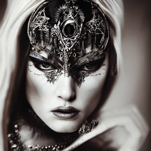 Image similar to a portrait of female model by stefan geselle and nekro borja, photorealistic, intricate details, hyper realistic, dark fantasy, ornate headpiece, dark beauty, photorealistic, canon r 3, photography, wide shot, photography, dark beauty, symmetrical features, wide angle shot