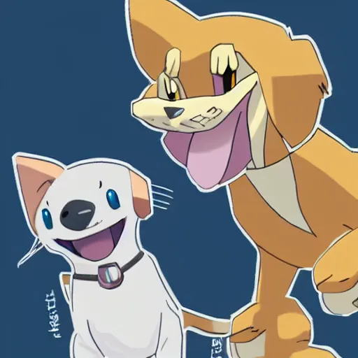 Prompt: golden retriever high fiving 3 gray and white cats in pokemon art style