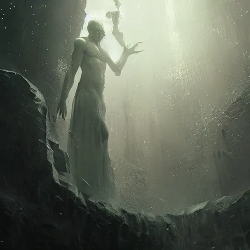 Prompt: a beautiful terrifying pale humanoid giant reaches out to grab a human. ethereal fantasy art by greg rutkowski