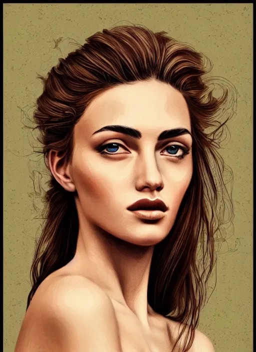 Image similar to a detailed portrait illustration of a modern female by stavros damos, aesthetically pleasing and harmonious natural and vintage colors. highly detailed.