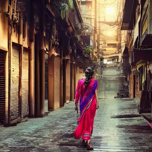 Image similar to Extremely beautiful Naturalist woman walks down the streets of Mumbai, vivid, detailed, cinematic lighting, volumetric lighting, detailed render