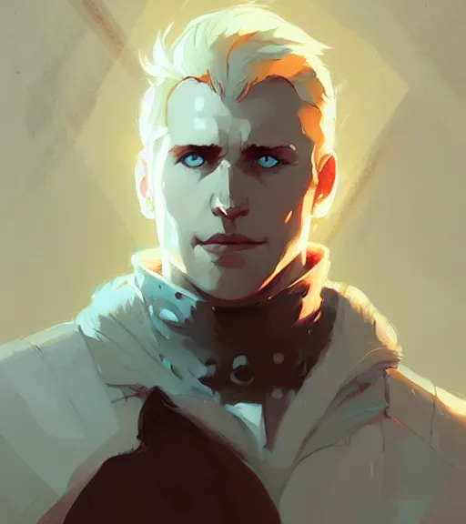 Image similar to portrait of cullen from dragon age with golden eyes by atey ghailan, by greg rutkowski, by greg tocchini, by james gilleard, by joe fenton, by kaethe butcher, dynamic lighting, gradient light blue, brown, blonde cream and white color scheme, grunge aesthetic