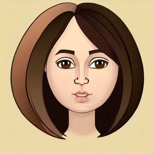 Image similar to chubby brunette woman with straight hair in a short bob, round face, romanian heritage, brown eyes, olive skin, bulbous nose, big chin, wide face, no bangs, digital art, cartoon, cute, 8k, illustration, trending on artstation, medium shot, head shot