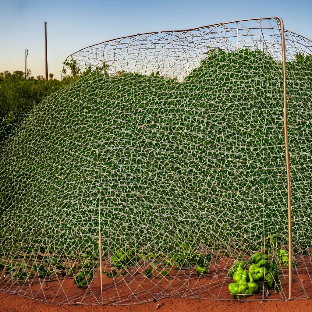 Prompt: torus shaped electrostatic water condensation collector tower, irrigation system in the background, racks of vegetables propagated under shadecloth and hexagonal frames, in the middle of the desert, XF IQ4, 150MP, 50mm, F1.4, ISO 200, 1/160s, natural light at sunset with outdoor led strip lighting