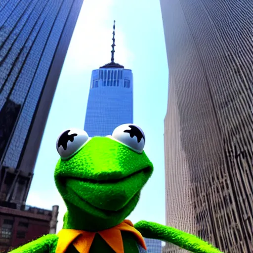 Image similar to kermit the frog selfie in front of world trade center twin towers, phone camera, selfie, green muppet, new york city, downtown, posing
