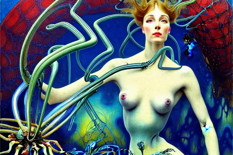 Image similar to realistic extremely detailed portrait painting of a fully dressed woman with a giant spider, futuristic sci-fi landscape on background by Jean Delville, Amano, Yves Tanguy, Alphonse Mucha, Ernst Haeckel, Edward Robert Hughes, Rolf Armstrong, rich moody colours, blue eyes