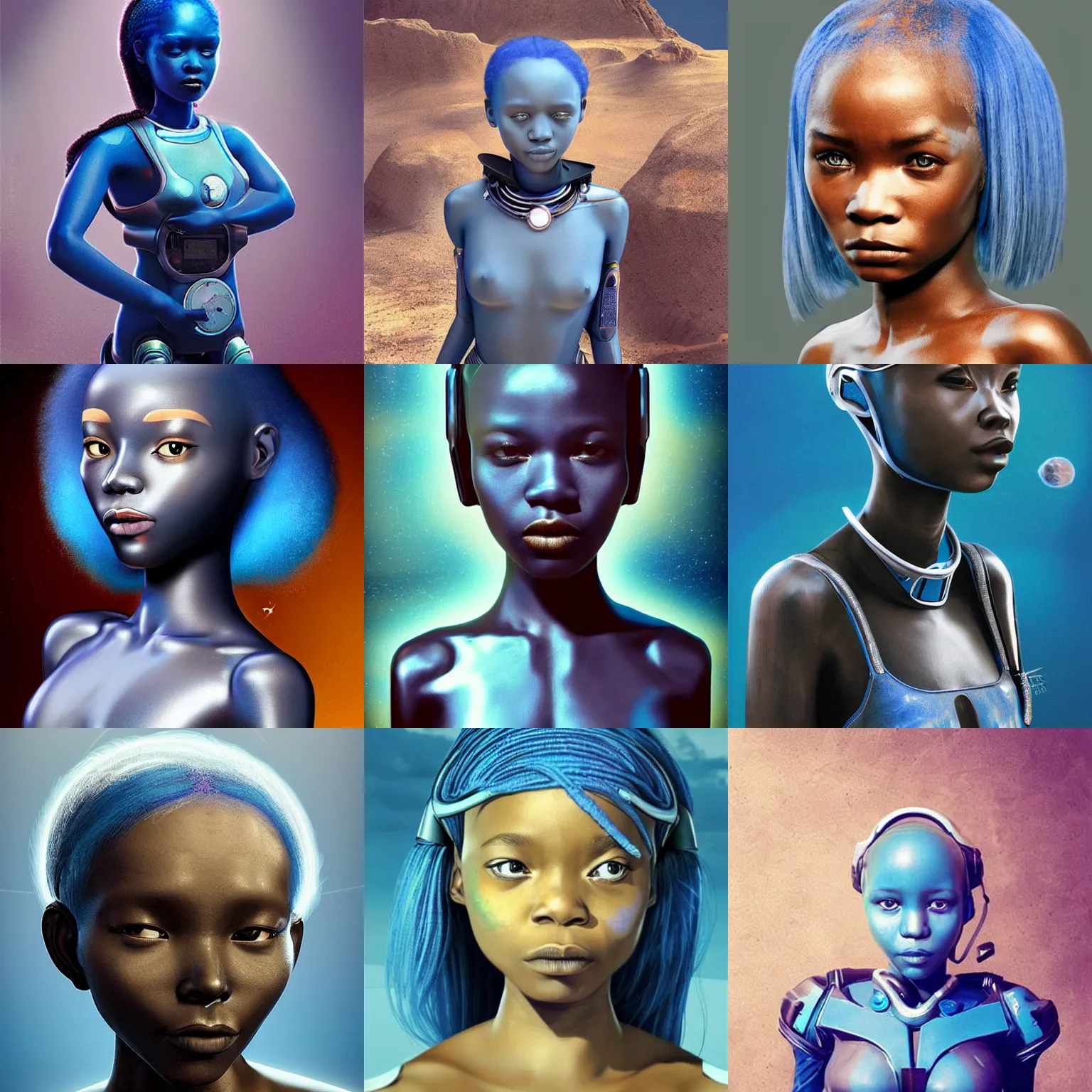 Prompt: beautiful futuristic himba astronaut girl, robotic arms, blue hair, weightless, hyperrealistic, scifi, concept art, photograph