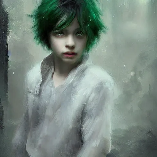 Prompt: a young boy of just 14 with Snow White! hair! and glowing green! eyes who can walk through walls, disappear, and fly. Ruan Jia