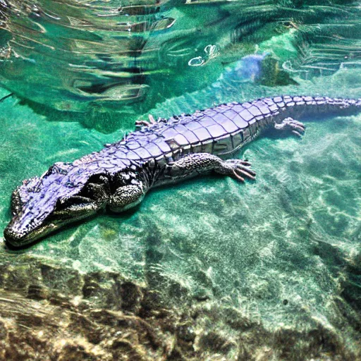 Image similar to a transparent, aluminum, alligator in the water with Skylar