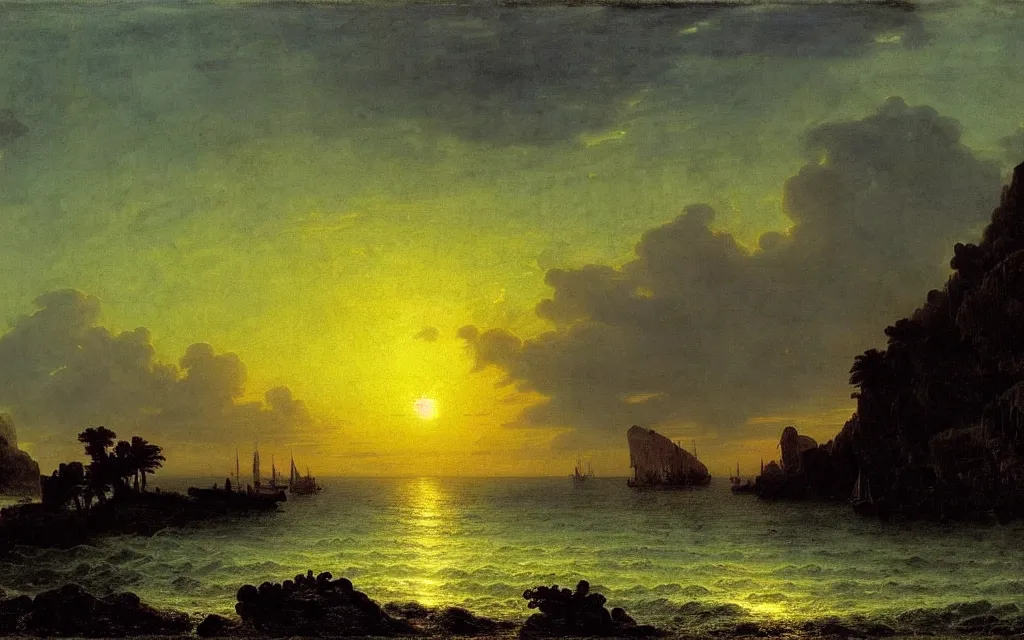 Prompt: a beautiful view of a tropical seascape, the sun is setting in the background, magical, stunning, art by caspar david friedrich and asher brown durand and peder balke, intricate details, trending on artstationhq and wikiart