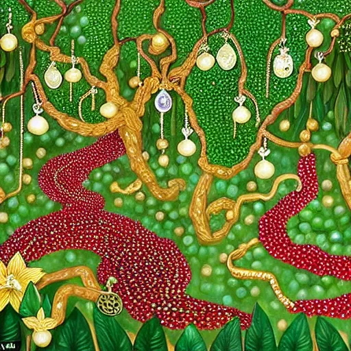 Prompt: A forest made of gemstones, with emerald leaves, vines made of golden chain, blossoms made of rubies, golden lillies on jade bushes, garnet and gold pomegranates, and jeweled fruit with diamonds and pearls