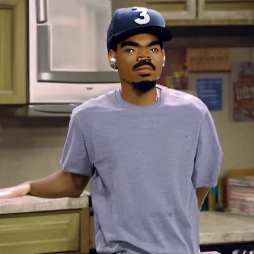 Image similar to a tv still of Chance The Rapper starring as a college student in a 1998 sitcom, 40mm lens