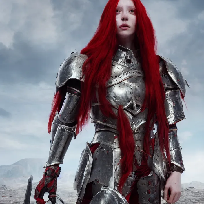 Image similar to a girl with a long red hair wearing a full-body red plate armor standing in a battlefield, anatomically correct, hyperrealistic, concept art, octane render, unreal engine 5, 8K HDR, highly detailed, high quality, fantasy armor