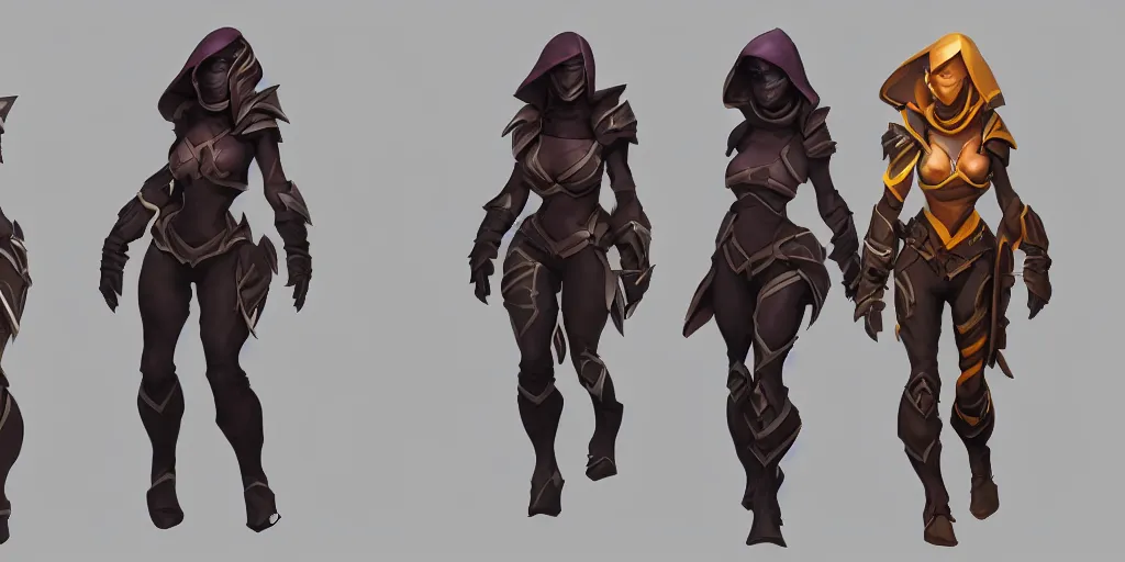 Prompt: three different views of a rogue armor set for dota 2, concept art by senior character artist, trending on artstation, artstation hd, full body
