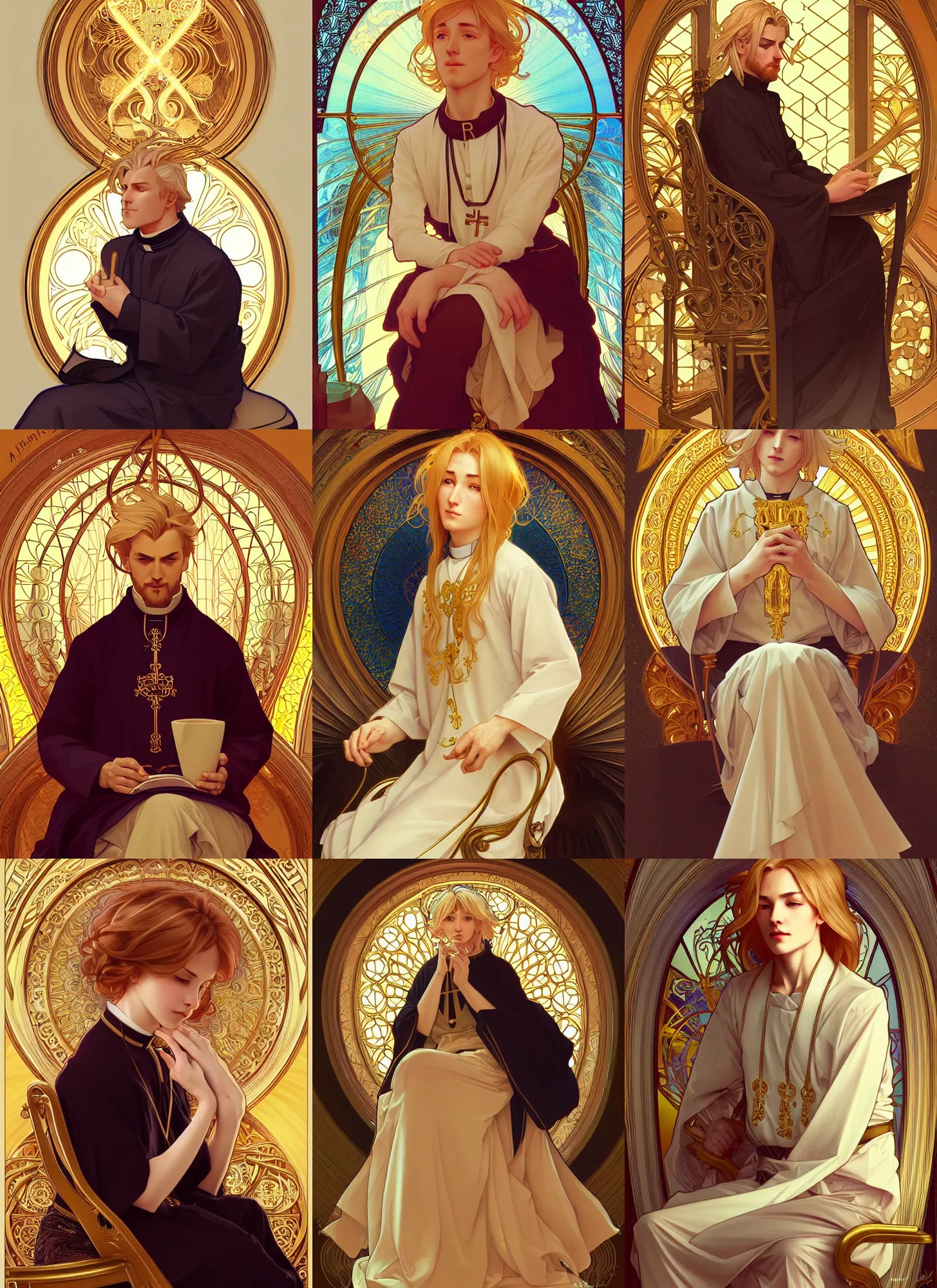 Prompt: a beautiful priest with golden hair sitting in a chair, highly detailed, digital painting, smooth, sharp focus, illustration, art by artgerm and alphonse mucha, high definition digital art, in the style of ross tran and ilya kuvshinov