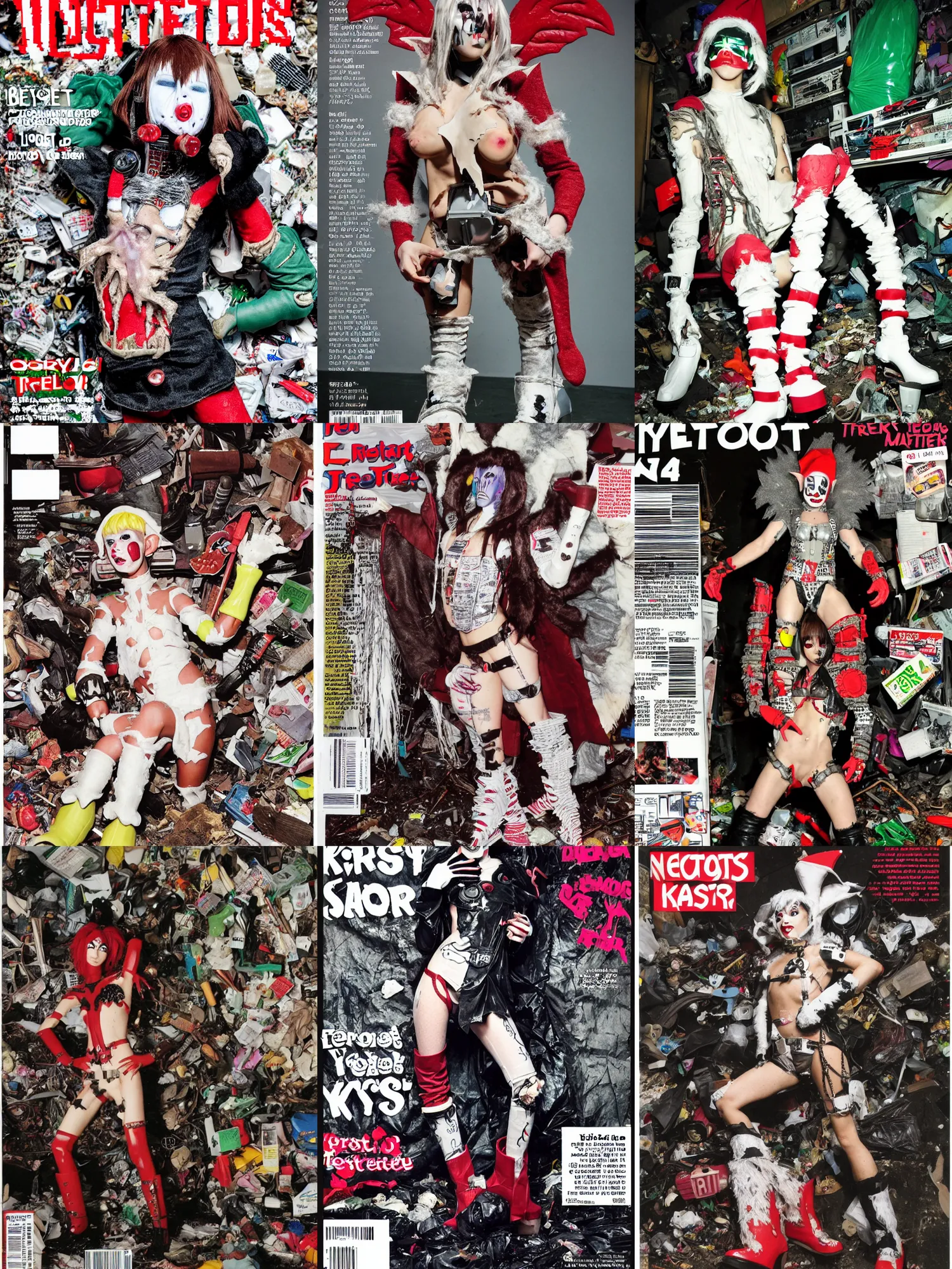 Prompt: photo of cyborg silicone elf angel wearing ripped up dirty Swear kiss monster teeth yeti platform boots in the style of Ryan Trecartin in the style of 1990's FRUiTS magazine 20471120 by Walter Van Beirendonck W&LT in japan in a dirty dark dark dark poorly lit bedroom full of trash and garbage server racks and cables everywhere in the style of Juergen Teller in the style of Shoichi Aoki, japanese street fashion, KEROUAC magazine, Walter Van Beirendonck W&LT 1990's, Vivienne Westwood, y2K aesthetic