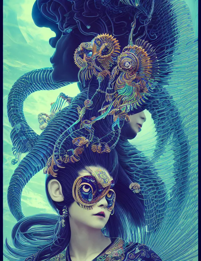 Image similar to 3 d goddess close - up profile solarpunk portrait ram skull. beautiful intricately detailed japanese crow kitsune mask and clasical japanese kimono. betta fish, jellyfish phoenix, bio luminescent, plasma, ice, water, wind, creature, artwork by tooth wu and wlop and beeple and greg rutkowski