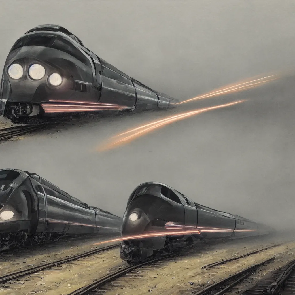 Prompt: highly detailed painting of powerful futuristic streamline train speeding very fast. romanticism. extreme speed with headlight beam shining brightly into the fog and rain. dramatic lighting. motion streaks.. vanishing point. photorealistic.