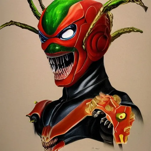 Prompt: a realistic painting by Raffaello Sanzi depicting the Kamen Rider Ichigo with the head of the symbiotic Venom in the Renaissance.