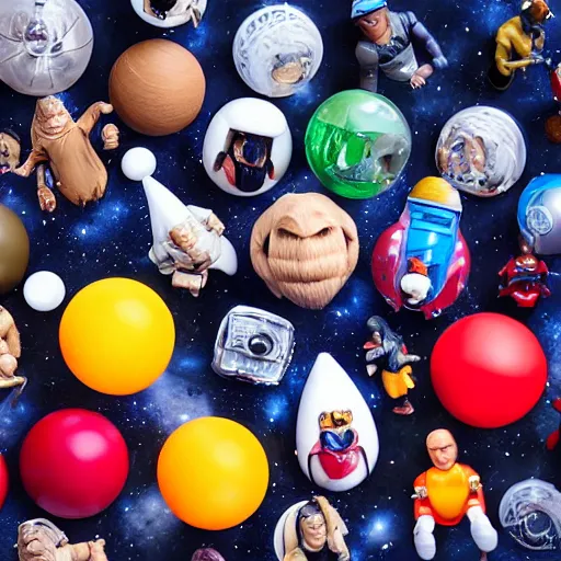 Image similar to a detailed photo of the characters from space balls as action figures, macro photography, zoom, table