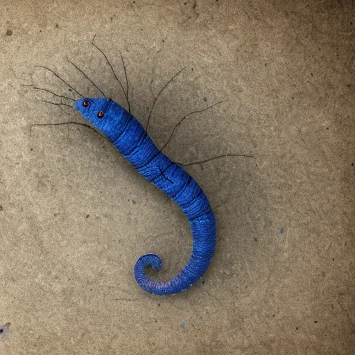 Prompt: studio photograph of a worm with a gray body and a blue head