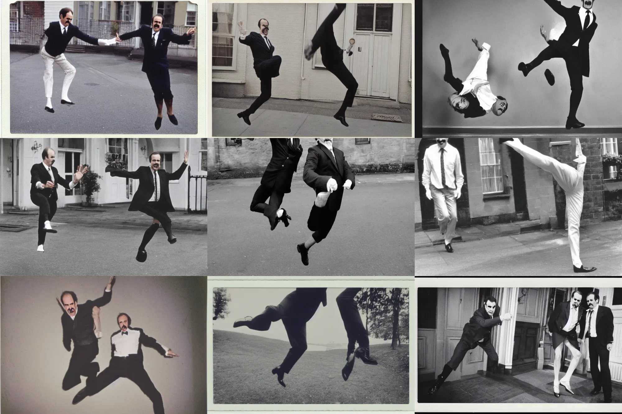 Prompt: basil fawlty doing the ministry of silly walks, polaroid photograph