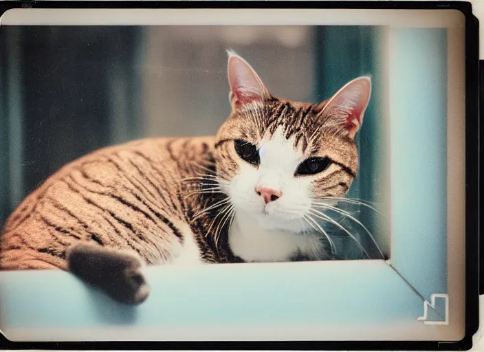 Image similar to photography polaroid of a Jack Cat . watching outside the window. on a bed. in a 70's room full of vinyls and posters, photorealistic, award winning photo, 100mm, sharp, high res