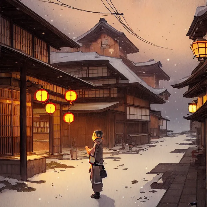 Image similar to empty rural japanese town at night, winter, in the style of studio ghibli, j. c. leyendecker, greg rutkowski, artem