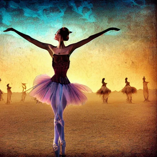 Image similar to burning man ballerina, digital art, post apocalyptic, fantasy, calligraphy