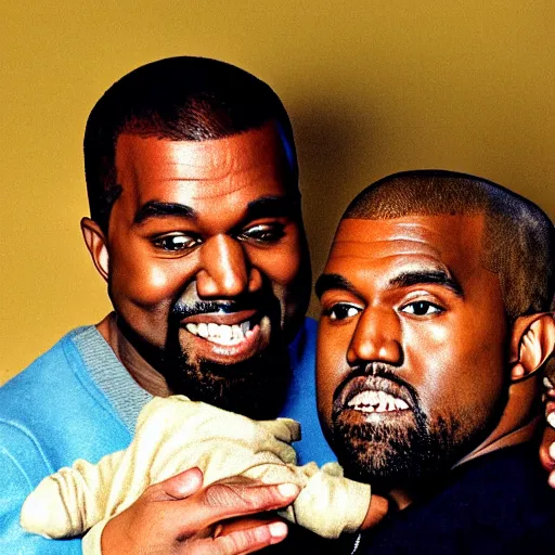 Image similar to kanye west smiling and holding holding babyyoda for a 1 9 9 0 s sitcom tv show, studio photograph, portrait c 1 2. 0