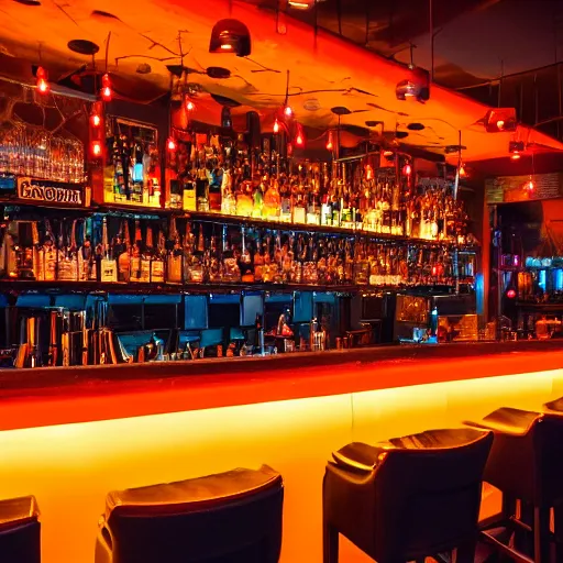 Prompt: a full shot of a bar with orange lighting, nighttime