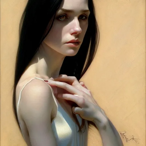 Image similar to portrait of a beautiful, pale skin, female with long black hair, dark, piercing eyes, gentle expression, elegant clothing, photorealistic, highly detailed, artstation, smooth, sharp focus, art by michael whelan, artgerm, greg rutkowski and alphonse mucha