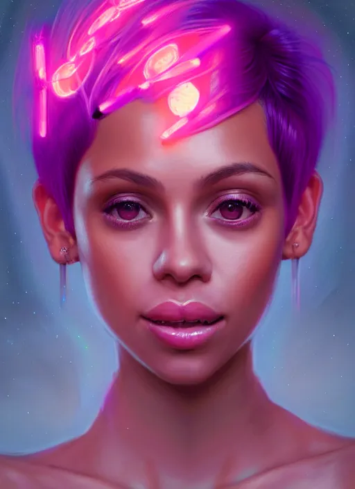 Prompt: portrait of vanessa morgan with bright pink hair, curly pixie cut hair, wearing a purple cap, intricate, elegant, glowing lights, highly detailed, digital painting, artstation, concept art, smooth, sharp focus, illustration, art by wlop, mars ravelo and greg rutkowski