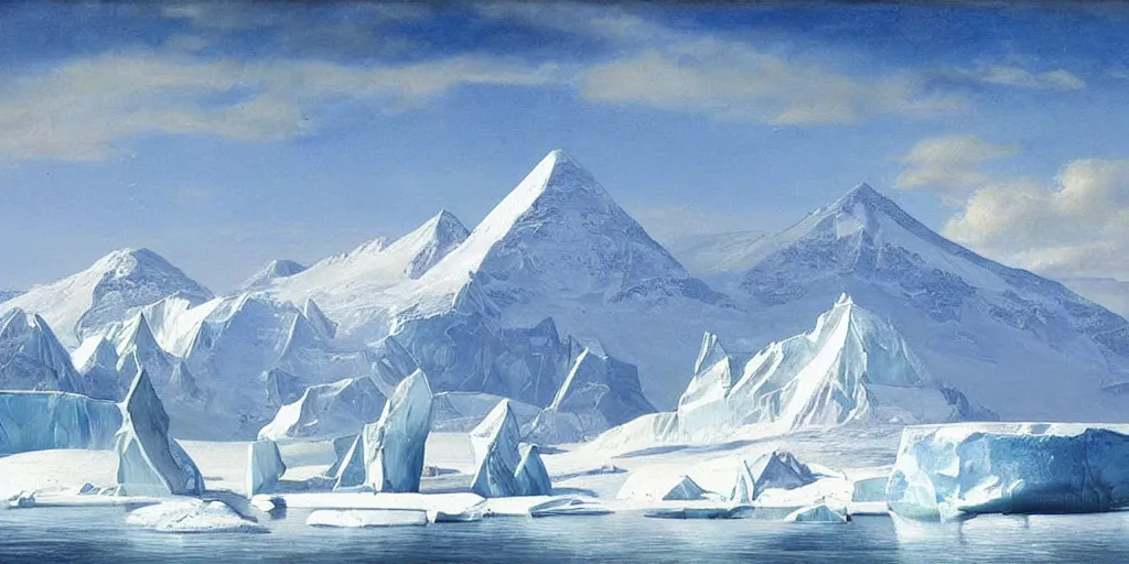 Image similar to Antarctica with pyramids, oil painting, highly detailed, artwork, in style of Albert bierstadt