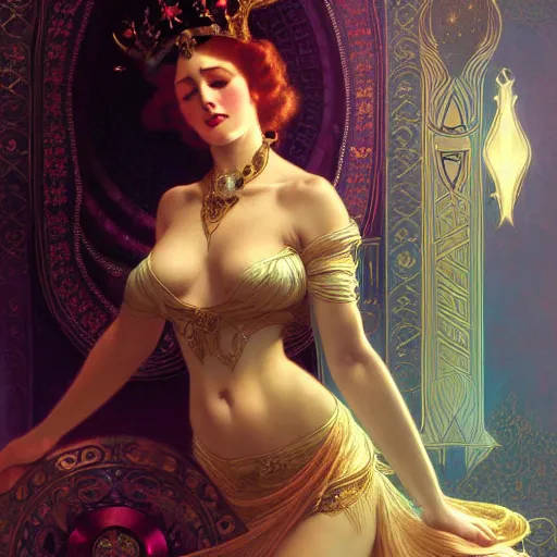 Image similar to of a sensual female tarot card empress, dark fantasy, medium shot, intricate, ornate, elegant, highly detailed, digital painting, volumetric light, artstation, concept art, smooth, sharp focus, illustration, art by Gil Elvgren and Greg Rutkowski and Alphonse Mucha