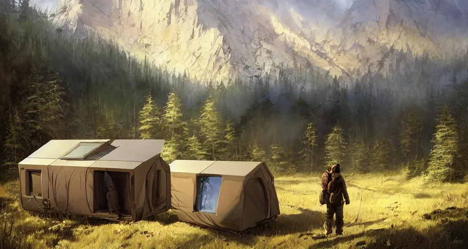 Image similar to cabela's beautiful comfortable carbon framed, modular insulated wall portable container home kit - house all weather family dwelling tent house, person in foreground, mountainous forested wilderness open fields, beautiful views, painterly concept art, environmental concept art, concept art illustration, by james gurney, by craig mullins, by greg rutkowski trending on artstation