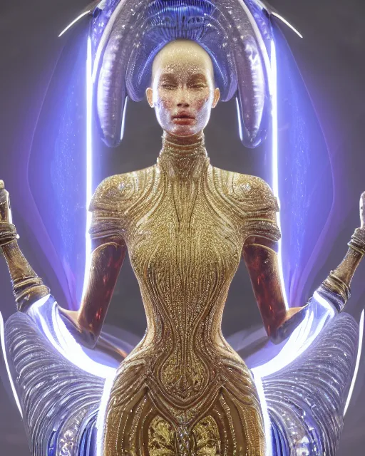 Image similar to a highly detailed metahuman 4 k close up render of an alien goddess bella hadid monument in iris van herpen dress schiaparelli in diamonds crystals swarovski and jewelry iridescent in style of alphonse mucha gustav klimt trending on artstation made in unreal engine 4