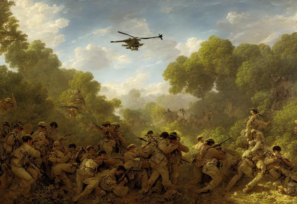 Prompt: afghanistan war by jean honore fragonard, green jungle, helicopters, battlefield, tanks