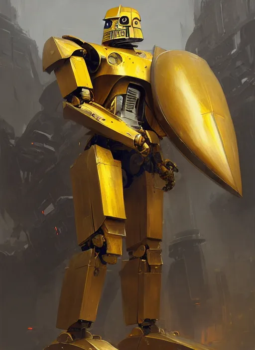 Image similar to human-sized strong intricate yellow pit droid carrying very detailed great sword and beautiful large paladin shield, pancake short large head, exposed metal bones, painterly humanoid mecha, by Greg Rutkowski