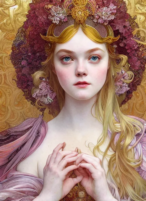 Image similar to Elle Fanning as God of Beauty, cute, fantasy, intricate, elegant, highly detailed, digital painting, 4k, HDR, concept art, smooth, sharp focus, illustration, art by alphonse mucha,artgerm, H R Giger