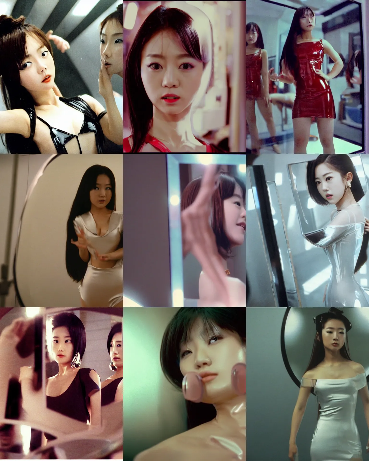 Image similar to Worksafe,clothed.1990s,unbelievably beautiful,perfect,dynamic,epic,cinematic movie shot of a close-up japanese beautiful cute young J-Pop idol actress girl in latex dress,reflected in giant mirror,expressing joy and posing.By a Chinese movie director.Motion,VFX,Inspirational arthouse,high budget,hollywood style,at Behance,at Netflix,Instagram filters,Photoshop,Adobe Lightroom,Adobe After Effects,taken with polaroid kodak portra