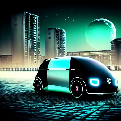 Image similar to Futuristic VW W16 in a Russian cyberpunk slum city called Neo Norilsk on the Moon, at night, diverse, lively, black sky full of stars, blinding sun, sci-fi, lots of flying cars, levitation, cyberpunk outfits, photorealistic, grainy, 35mm, intricate, very very beautiful, elegant, smooth, cinematic, Unreal Engine 5, by Beeple, trending on Artstation HD