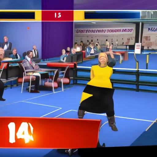 Prompt: Mortal Combat 5 screenshot of first Minister Nicola Sturgeon fighting British conservative Mp Liz Truss in battle