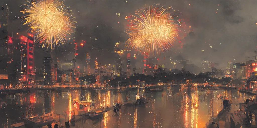 Prompt: anime kyoto animation key by greg rutkowski night, fireworks festival at river bank, kimono