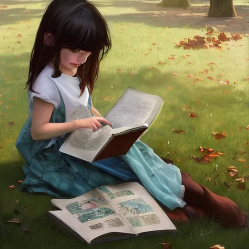 Image similar to Kid reading a book in a park, fall in love with reading, highly detailed, digital painting, artstation, concept art, sharp focus, illustration, art by artgerm and greg rutkowski and alphonse mucha